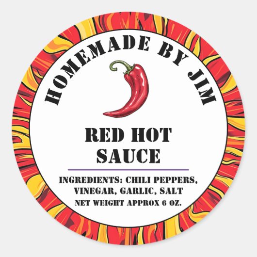 Modern Red Hot Chili Sauce Pepper Label Runder Aufkleber (Vorderseite)