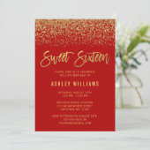 Modern Red Imitate Gold Glitzer Sweet 16 Einladung (Stehend Vorderseite)
