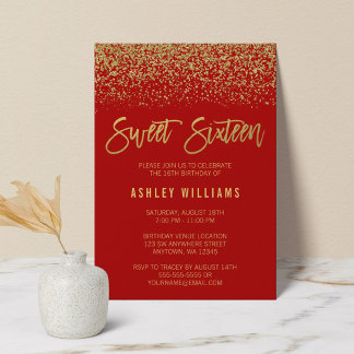 Modern Red Imitate Gold Glitzer Sweet 16 Einladung