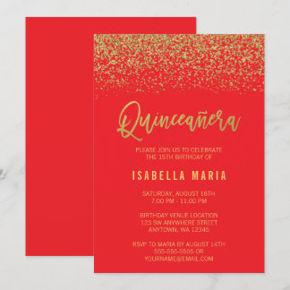 Modern Red Imitats Gold Glitzern Quinceanera Einladung