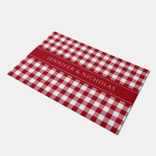 Modern Red Kariert Gingham Name Fußmatte (Schrägansicht)