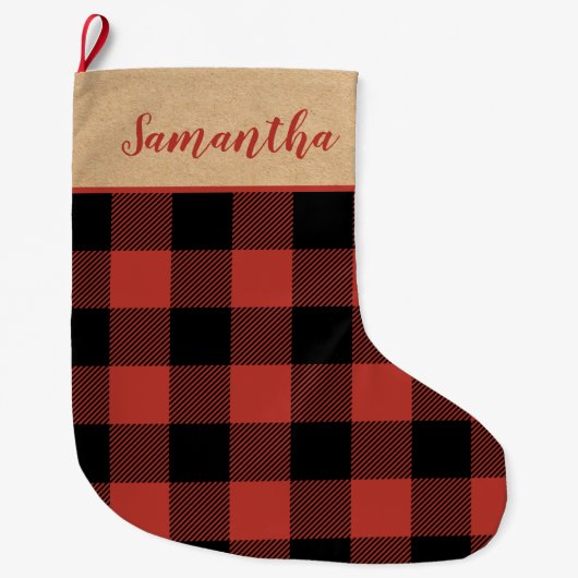 Modern Red Kariert & Name Grosses Weihnachtsfest S Großer Weihnachtsstrumpf (Vorderseite)