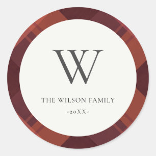 Modern Red Maroon Marsala Kariert Pattern Monogram Runder Aufkleber