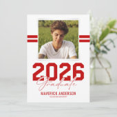 Modern Red Masculine Photo Graduation Ankündigung (Stehend Vorderseite)