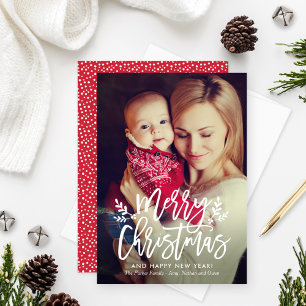Modern Red Merry Christmas Brushed Script Foto Feiertagskarte