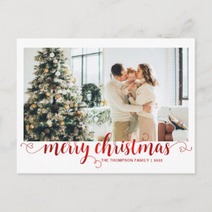 Modern Red Merry Christmas Heart Script Foto Feiertagspostkarte