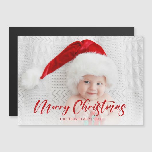 Modern Red Merry Christmas Script Foto Magnetkarte (Vorne/Hinten)