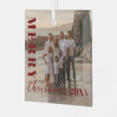 Modern Red Merry Christmas Script Foto Ornament Aus Glas (Vorderseite links)