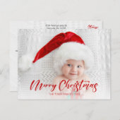 Modern Red Merry Christmas Script Foto Postkarte (Vorne/Hinten)