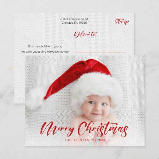 Modern Red Merry Christmas Script Foto Postkarte (Vorne/Hinten)