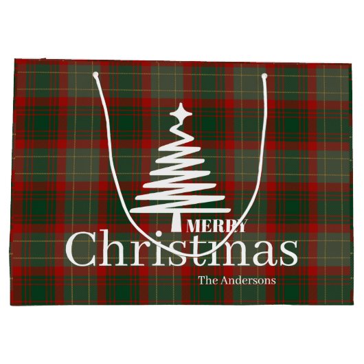 Modern Red Merry Weihnachtsbaum Skript tartan rot Große Geschenktüte (Rückseite)