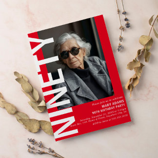 Modern Red NINETY Foto 90. Geburtstagsparty Einladung