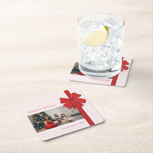 Modern Red & Pink Ribbon Bow Wrap Photo Christmas Rechteckiger Pappuntersetzer (Vor Ort)