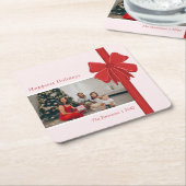 Modern Red & Pink Ribbon Bow Wrap Photo Christmas Rechteckiger Pappuntersetzer (angewinkelt)