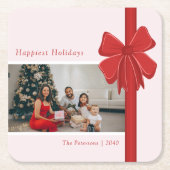 Modern Red & Pink Ribbon Bow Wrap Photo Christmas Rechteckiger Pappuntersetzer (Vorderseite)