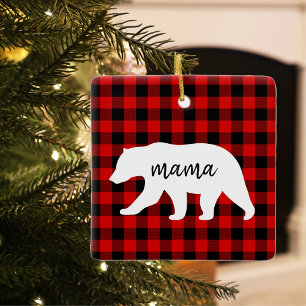 Modern Red Pläd and White Mama Bear Gift Keramikornament