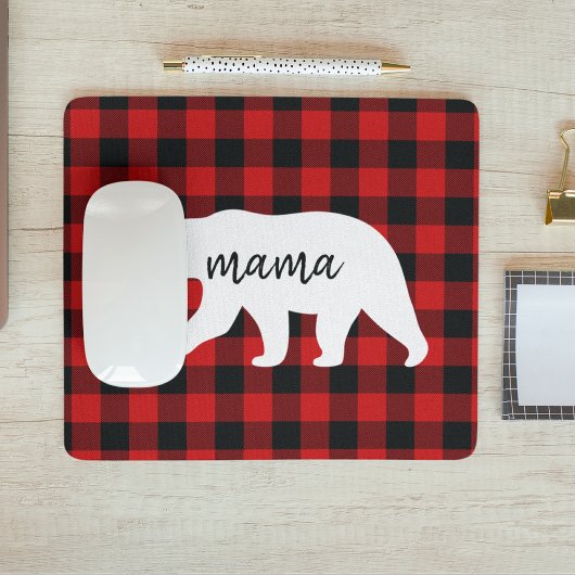 Modern Red Pläd and White Mama Bear Gift Mousepad