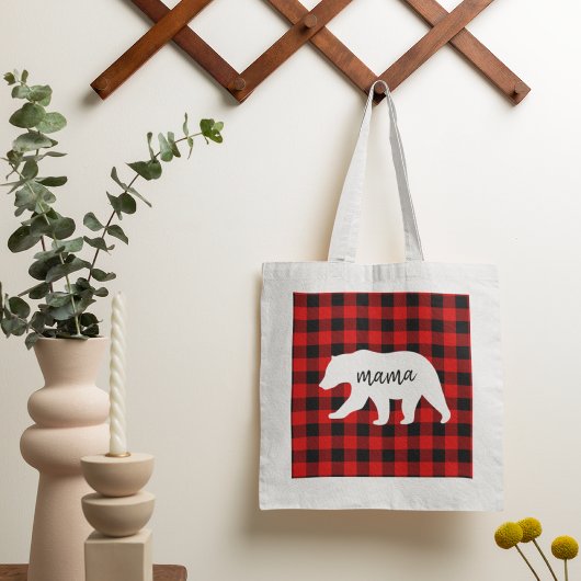 Modern Red Pläd and White Mama Bear Gift Tragetasche