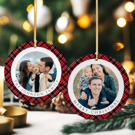 Modern Red Plaid Photo Christmas Keramik Ornament