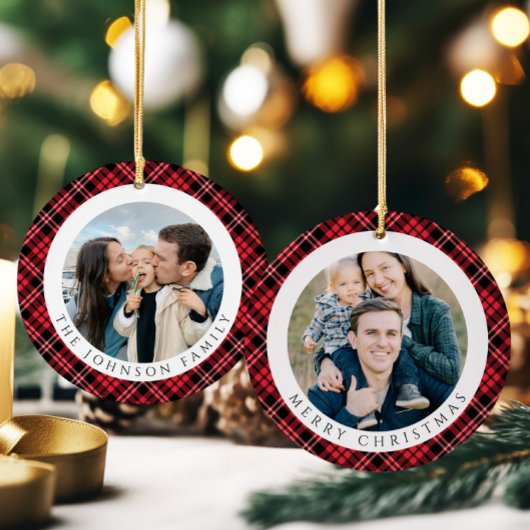 Modern Red Plaid Photo Christmas Keramik Ornament