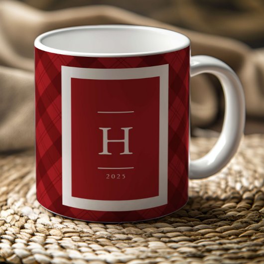 Modern Red Plaid Rustic Monogram Photo Christmas Kaffeetasse