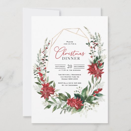 Modern Red Poinsettia Greenery Christmas Dinner Einladung (Vorderseite)