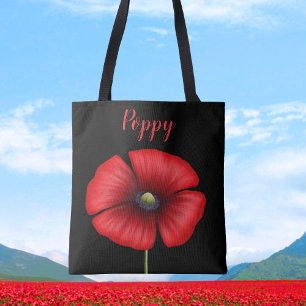 Modern Red Poppe Name Black Floral Tote Bag Tasche