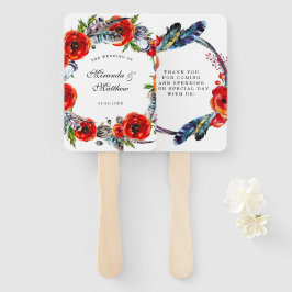 Modern Red Poppy Boho Feathers Wedding Vielen Dank Fächer