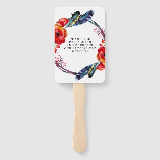 Modern Red Poppy Boho Feathers Wedding Vielen Dank Fächer (Rückseite)