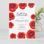 Modern Red Poppy Floral Birthday Garden Party Einladung (Stehend Vorderseite)