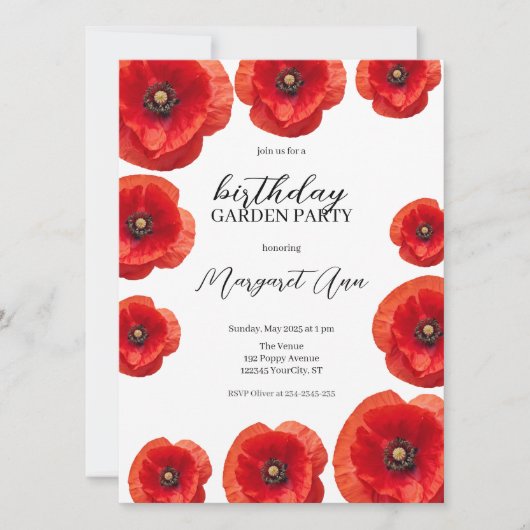 Modern Red Poppy Floral Birthday Garden Party Einladung (Vorderseite)