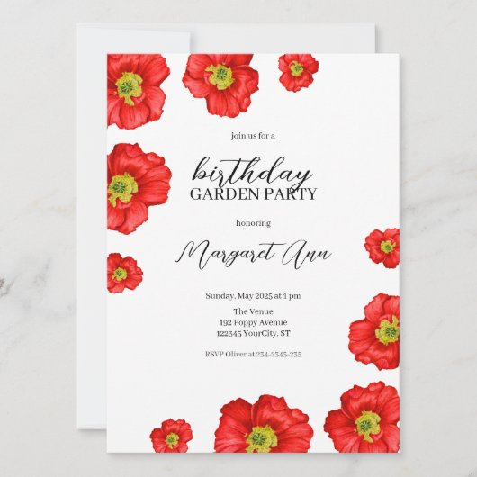 Modern Red Poppy Floral Birthday Garden Party Einladung (Vorderseite)
