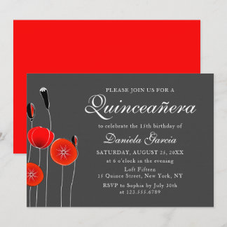 Modern Red Poppy Floral Botanical Quiceanera Einladung