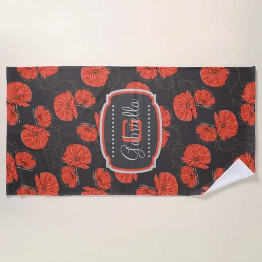 Modern Red Poppy Muster Monogram on Slate Gray Strandtuch (Vorderseite)