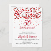 Modern Red Ribbon & Confetti 50. Geburtstag Einladungspostkarte (Vorne/Hinten)