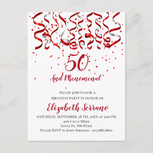Modern Red Ribbon & Confetti 50. Geburtstag Einladungspostkarte (Vorderseite)