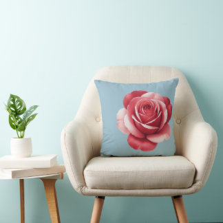 Modern Red Rose Throw Pillow on Dusty Blue Bold  Kissen