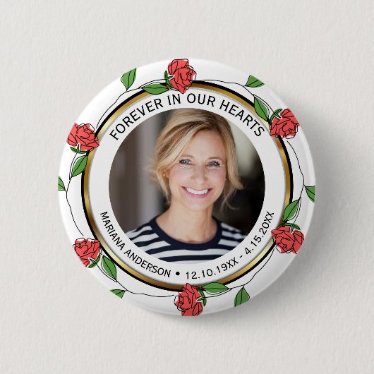 Modern Red Roses and Gold Forever in our Hearts Button (Vorderseite)