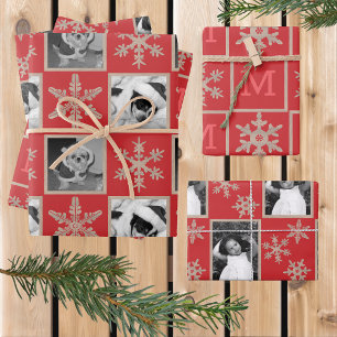 Modern Red Rustic Snowflake Monogram Foto Geschenkpapier Set