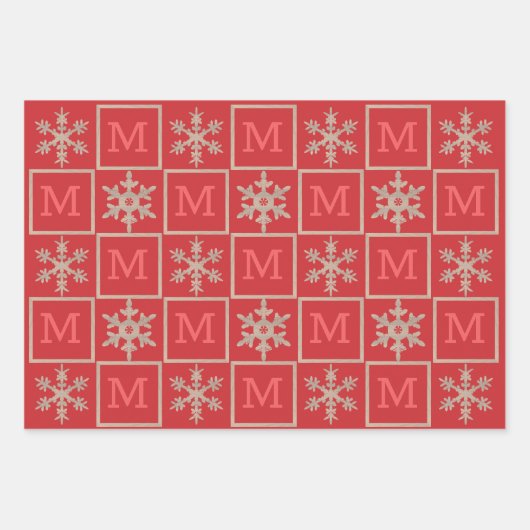 Modern Red Rustic Snowflake Monogram Foto Geschenkpapier Set (Vorderseite 2)