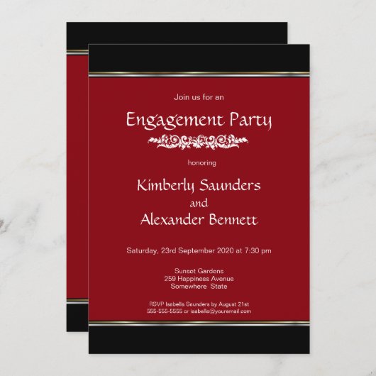 Modern Red Schwarz-weiß Engagement Party Einladung (Vorne/Hinten)
