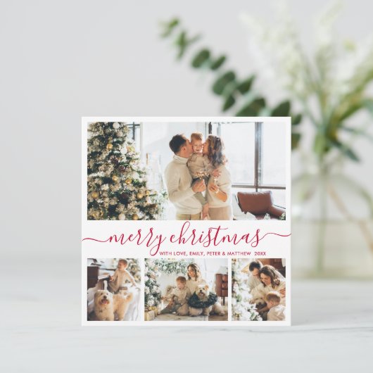Modern Red Script 4 Foto Collage Weihnachten (Stehend Vorderseite)