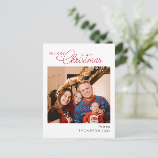 Modern Red Script Frohe Weihnachten Foto Weihnacht Postkarte (Stehend Vorderseite)