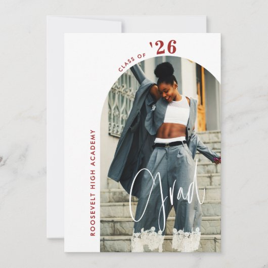 Modern Red Script Photo 2024 Minimal Grad Party Einladung (Vorderseite)