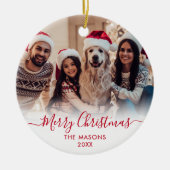 Modern Red Script White2 Foto Frohe Weihnachten Keramik Ornament (Vorne)