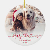 Modern Red Script White2 Foto Frohe Weihnachten Keramik Ornament (Hinten)