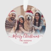 Modern Red Script White 2 Foto Frohe Weihnachten Ornament (Vorderseite)