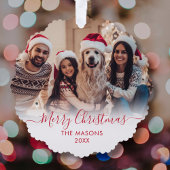 Modern Red Script White 2 Foto Weihnachten Ornament Karte