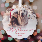 Modern Red Script White 2 Foto Weihnachten Ornament Karte