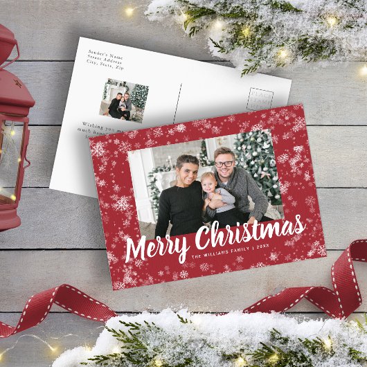 Modern Red Snowflake Foto Weihnachten Postkarte
